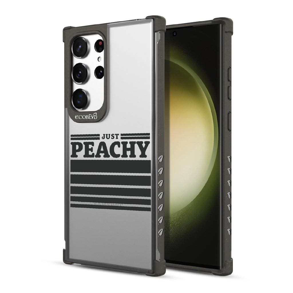 Just Peachy - Back View Of Black & Clear Eco-Friendly Galaxy S23 Ultra Case & A Front View Of The Screen