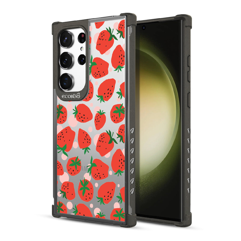 Strawberry Fields - Back View Of Black & Clear Eco-Friendly Galaxy S23 Ultra Case & A Front View Of The Screen