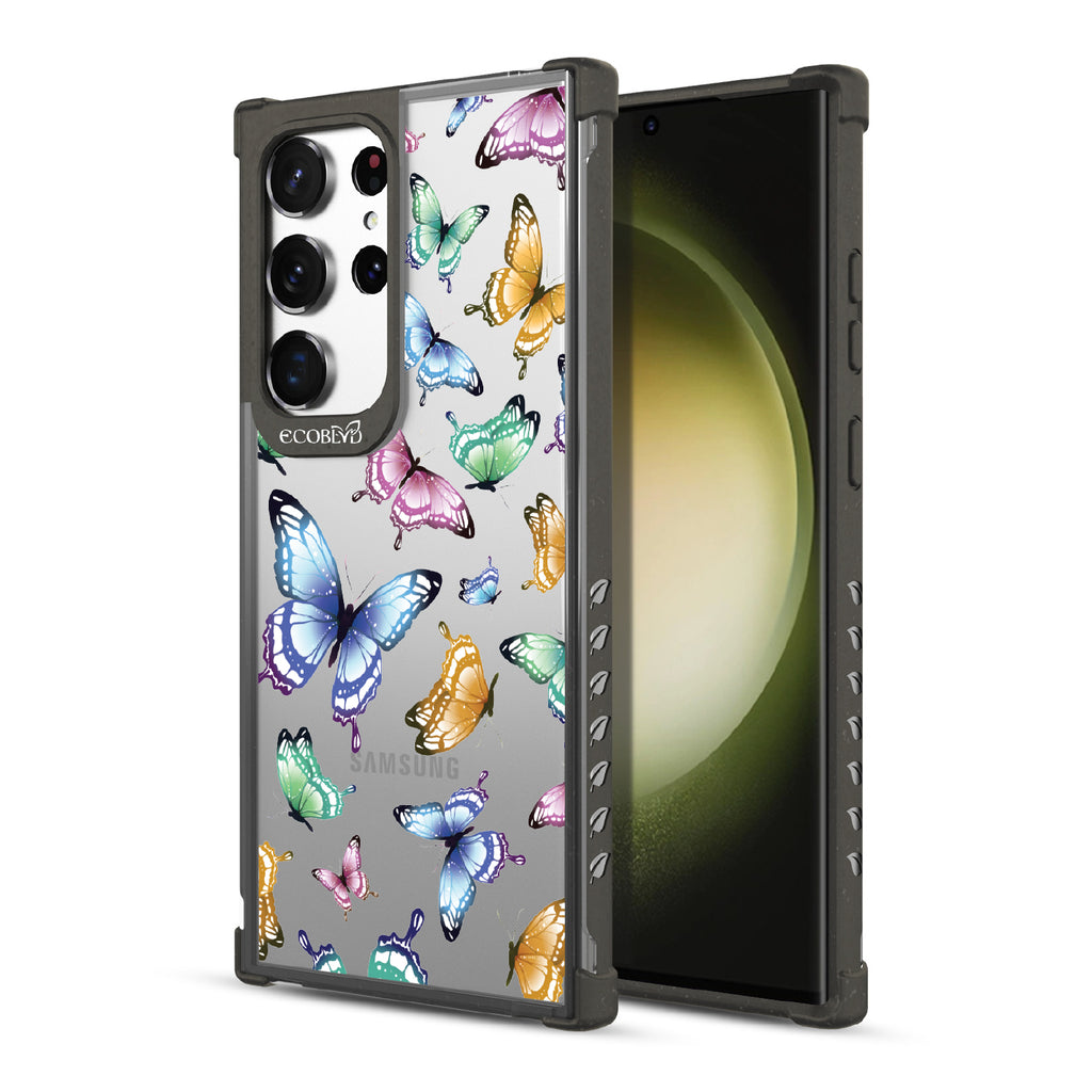 Social Butterfly - Back View Of Black & Clear Eco-Friendly Galaxy S23 Ultra Case & A Front View Of The Screen