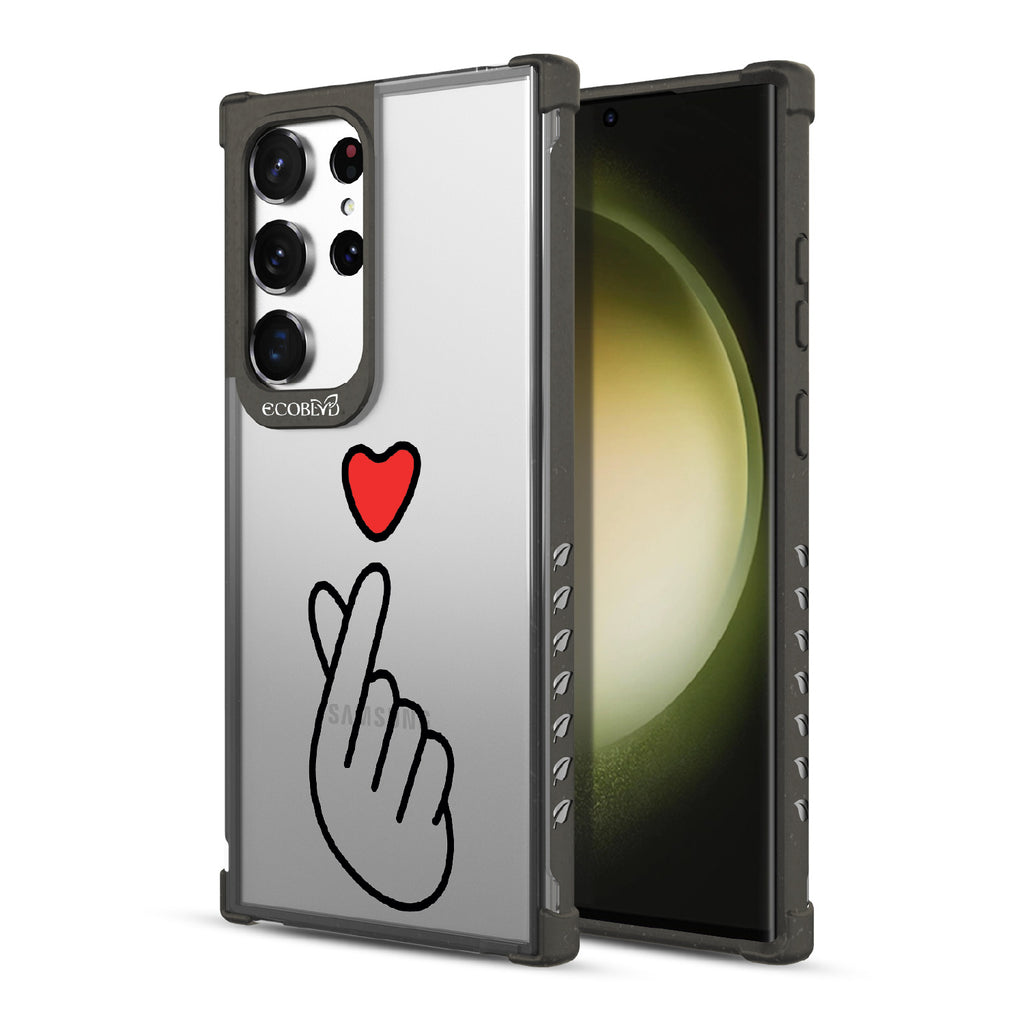 Finger Heart - Back View Of Black & Clear Eco-Friendly Galaxy S23 Ultra Case & A Front View Of The Screen