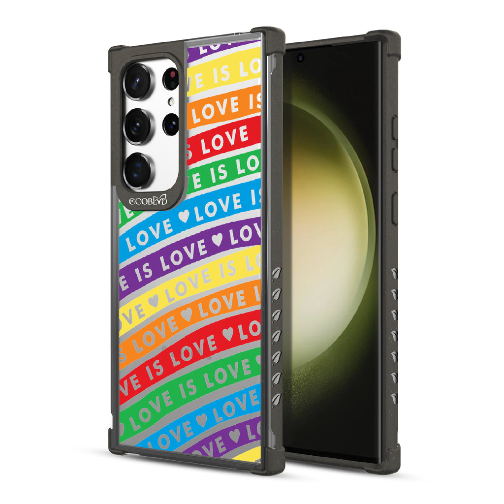 Love Unites All - Back View Of Black & Clear Eco-Friendly Galaxy S23 Ultra Case & A Front View Of The Screen