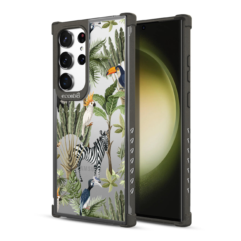 Toucan Play That Game - Back View Of Black & Clear Eco-Friendly Galaxy S23 Ultra Case & A Front View Of The Screen