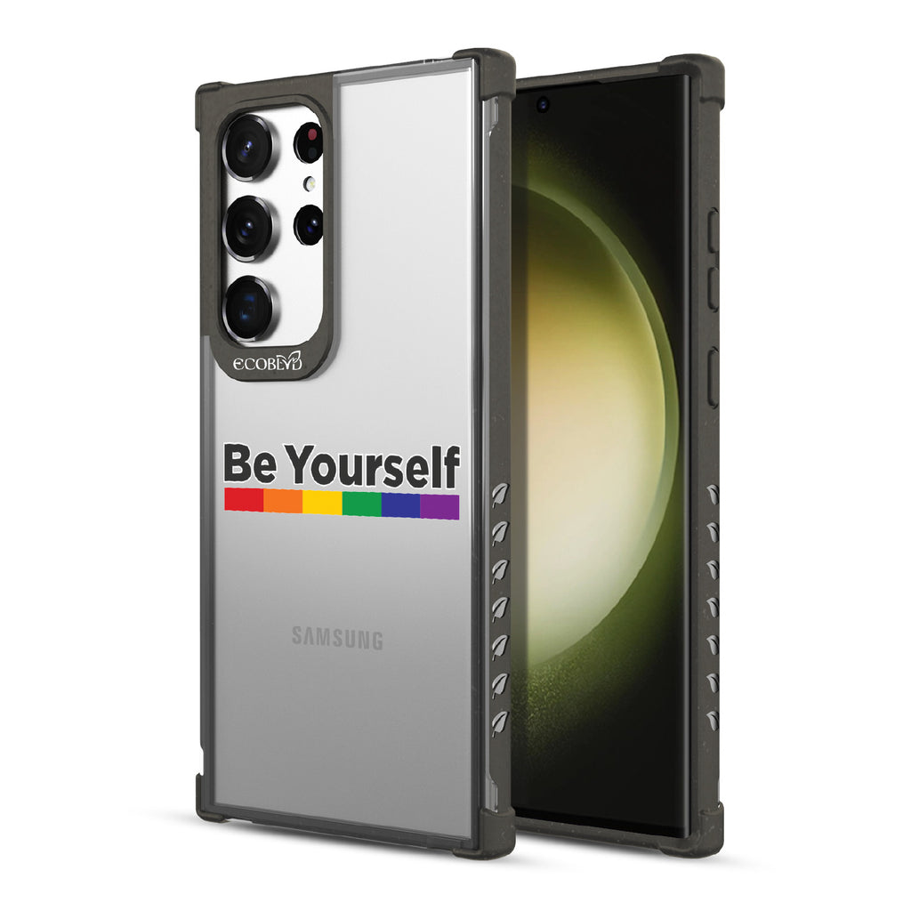 Be Yourself - Back View Of Black & Clear Eco-Friendly Galaxy S23 Ultra Case & A Front View Of The Screen