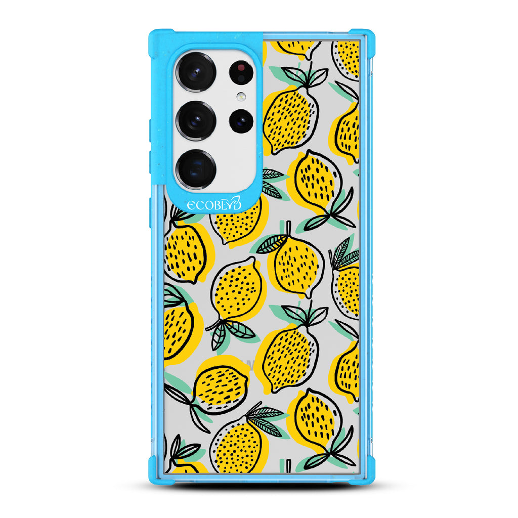 Lemon Drop - Blue Eco-Friendly Galaxy S23 Ultra Case With Retro Lemon Print On A Clear Back