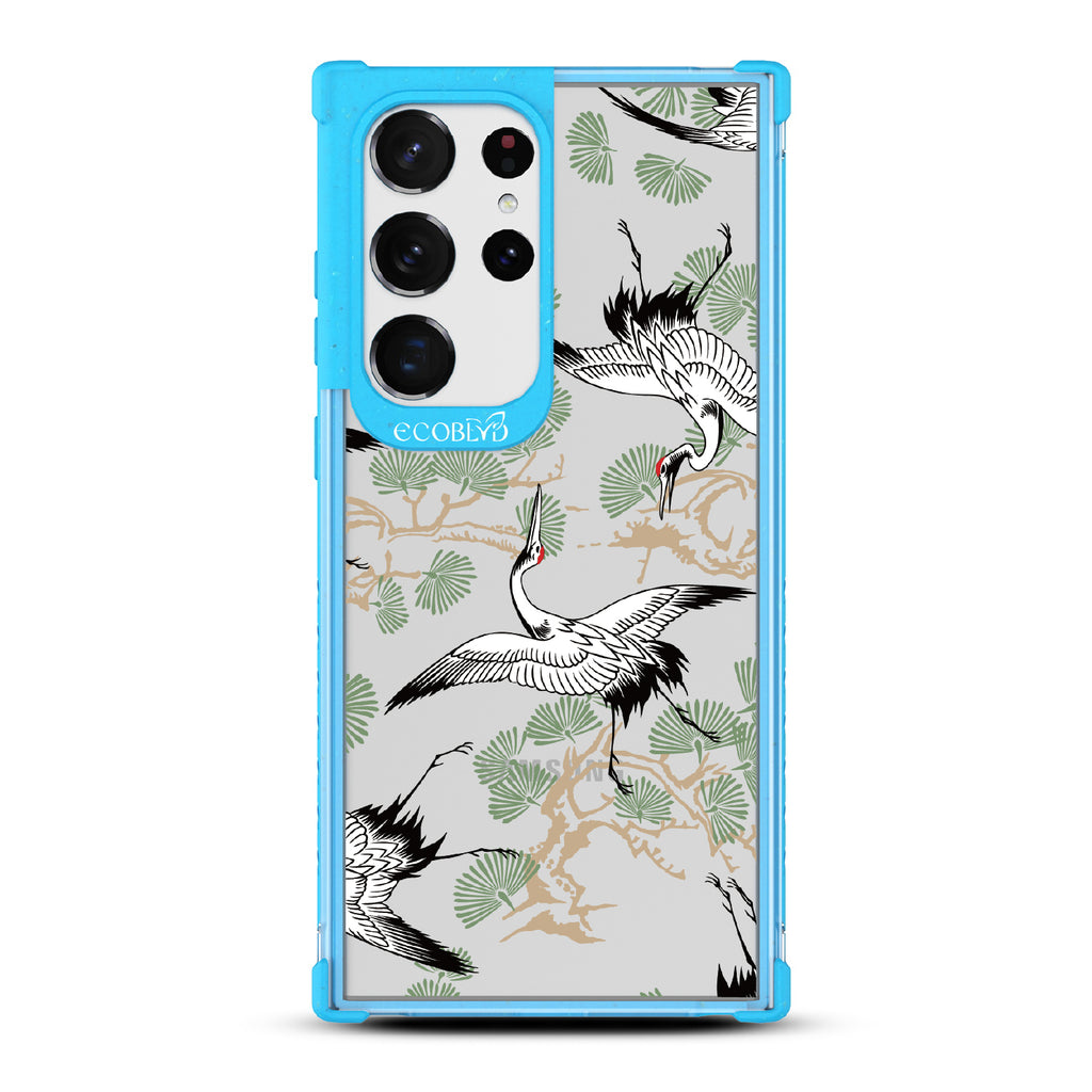 Graceful Crane - Blue Eco-Friendly Galaxy S23 Ultra Case With Japanese Cranes Atop Branches On A Clear Back