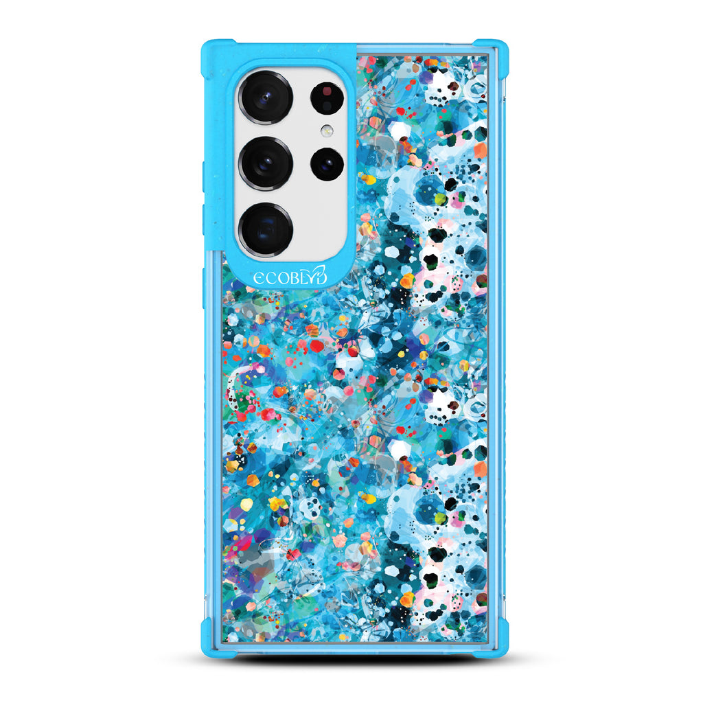 Samsung Galaxy S23 Ultra case, clear eco-friendly phone case with blue ridges, back view, Brushed By The Tide design