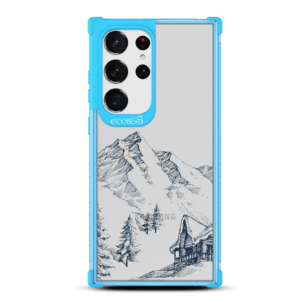 Cabin Retreat - Blue Eco-Friendly Galaxy S23 Ultra Case with Mountainside Cabin On A Clear Back