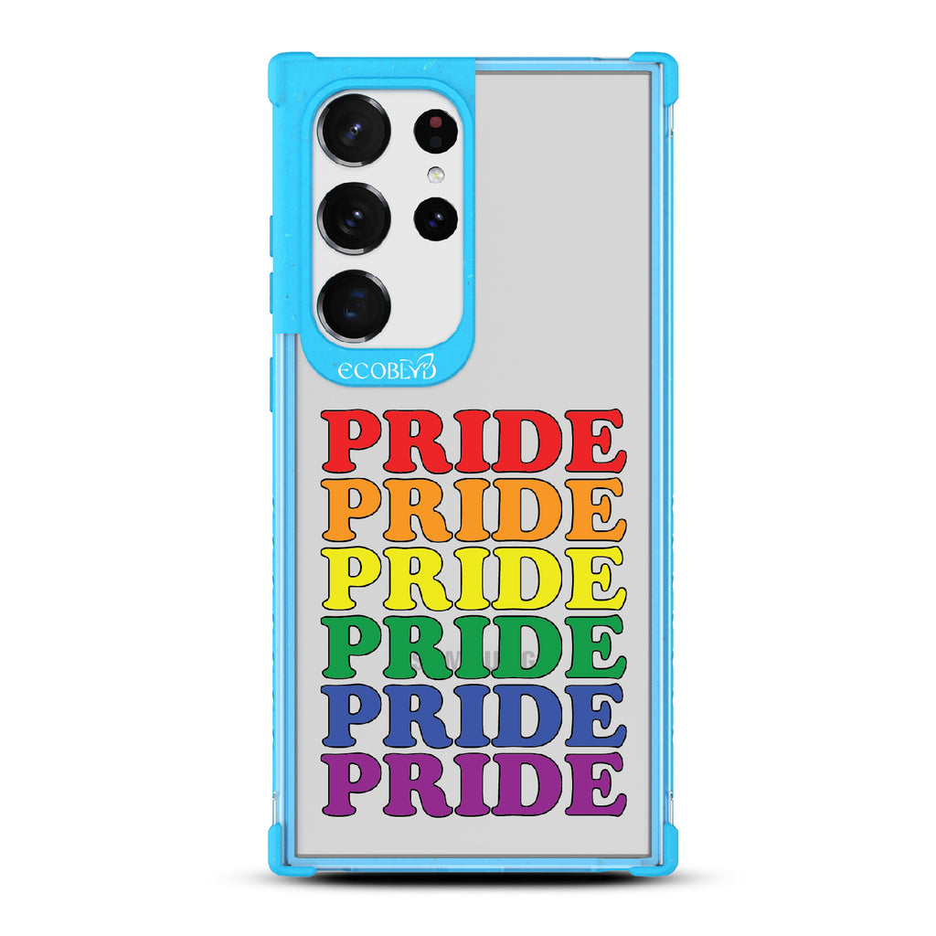 Pride Camp - Blue Eco-Friendly Galaxy S23 Ultra Case With Pride Stacked In Multiple Rainbow Colors On A Clear Back