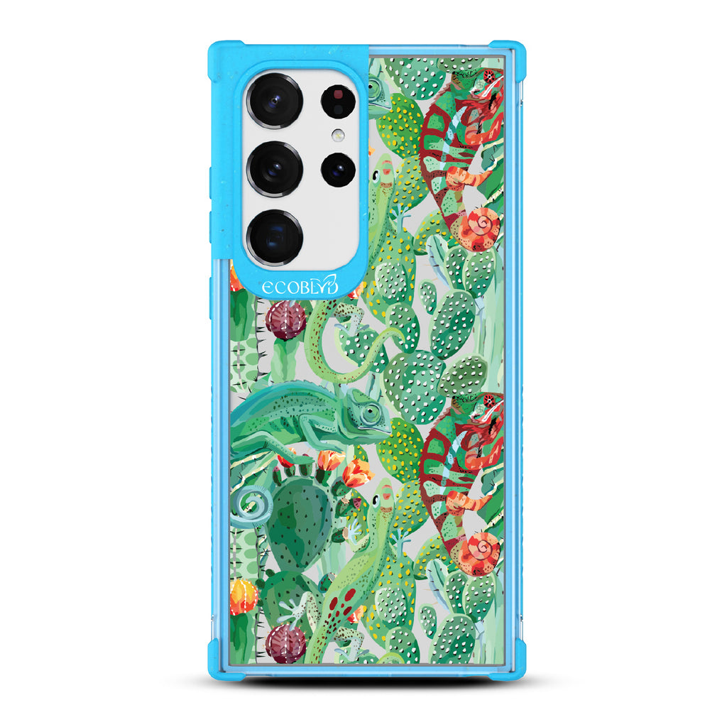 In Plain Sight - Blue Eco-Friendly Galaxy S23 Ultra Case With Chameleons On Cacti On A Clear Back