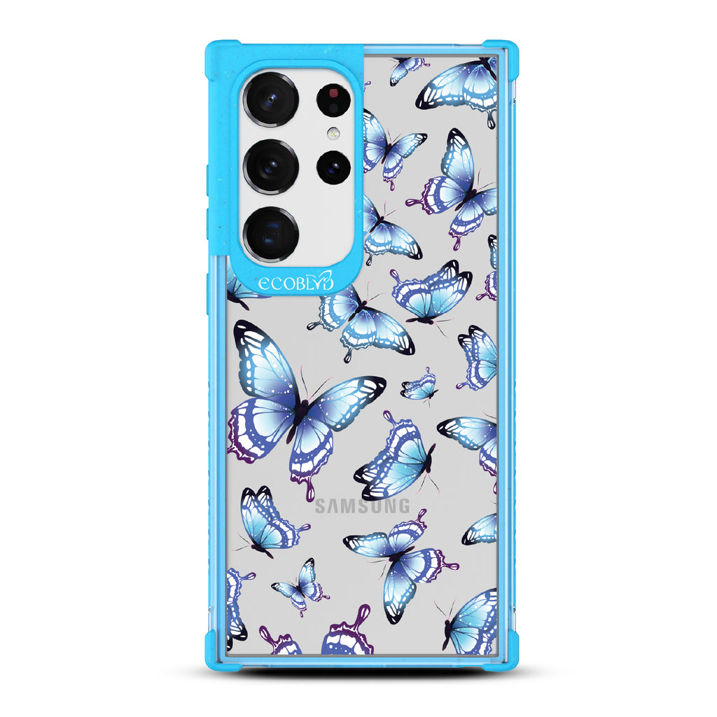 Social Butterfly - Blue Eco-Friendly Galaxy S23 Ultra Case With Blue Butterflies On A Clear Back - Compostable