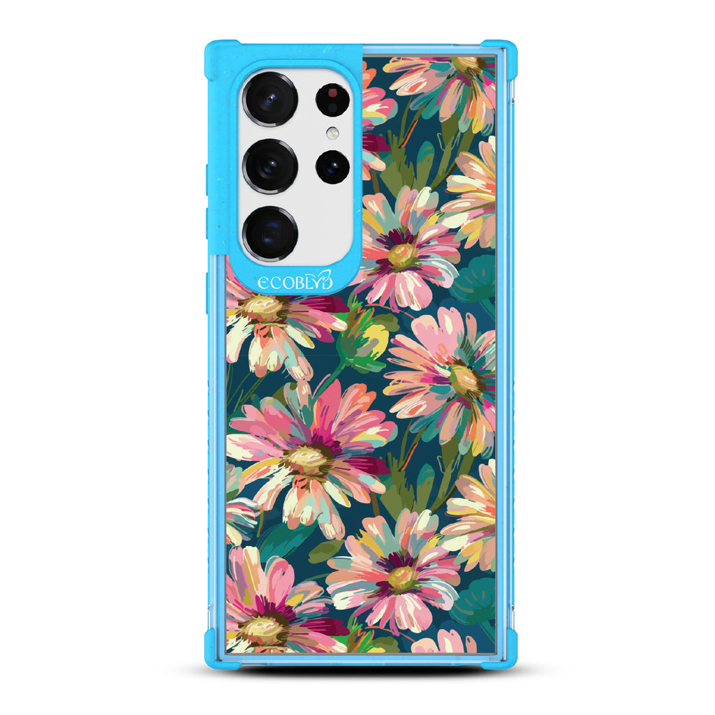 Samsung Galaxy S23 Ultra case, clear eco-friendly phone case with blue ridges, back view, Daisy Dusk design
