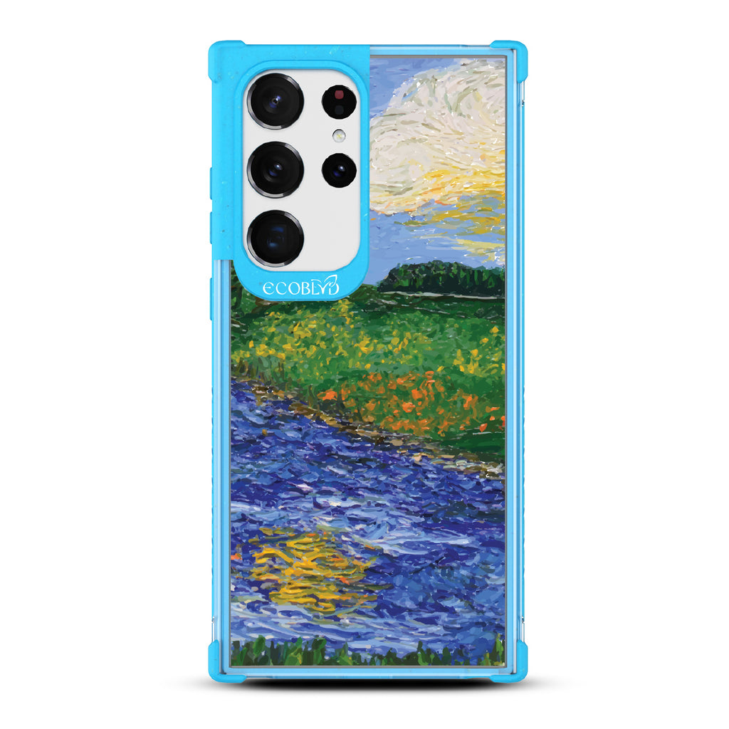 Samsung Galaxy S23 Ultra case, clear eco-friendly phone case with blue ridges, back view, Field of Vision design