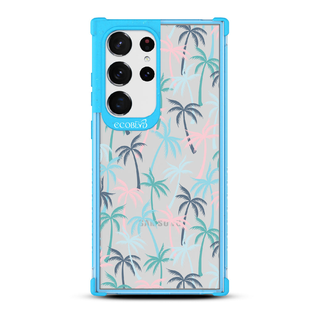 Cruel Summer - Blue Eco-Friendly Galaxy S23 Ultra Case With Hotline Miami Colored Tropical Palm Trees On A Clear Back