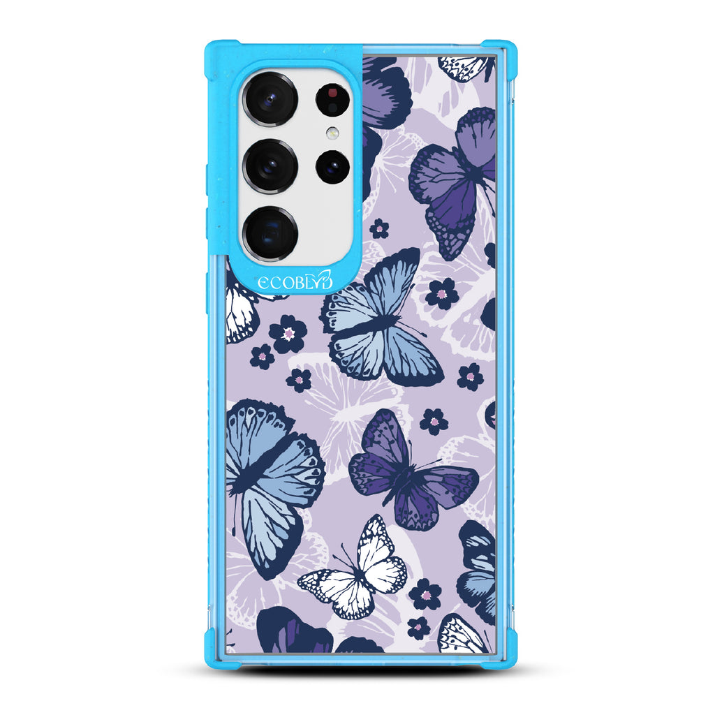 Deja Vu - Blue Eco-Friendly Galaxy S23 Ultra Case With Blue, White, Purple Butterflies & Flowers On A Purple / Clear Back