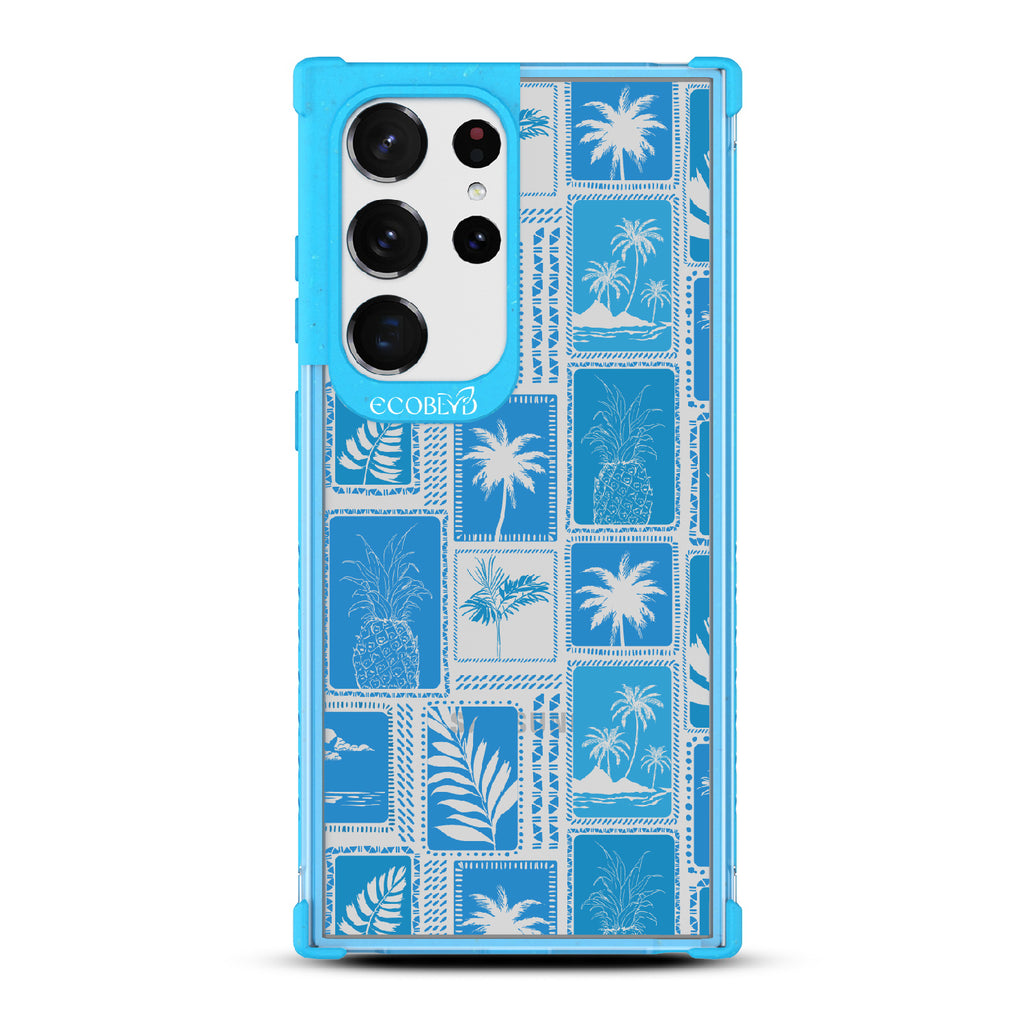 Oasis - Blue Eco-Friendly Galaxy S23 Ultra Case With Tropical Shirt Palm Trees & Pineapple Print On A Clear Back