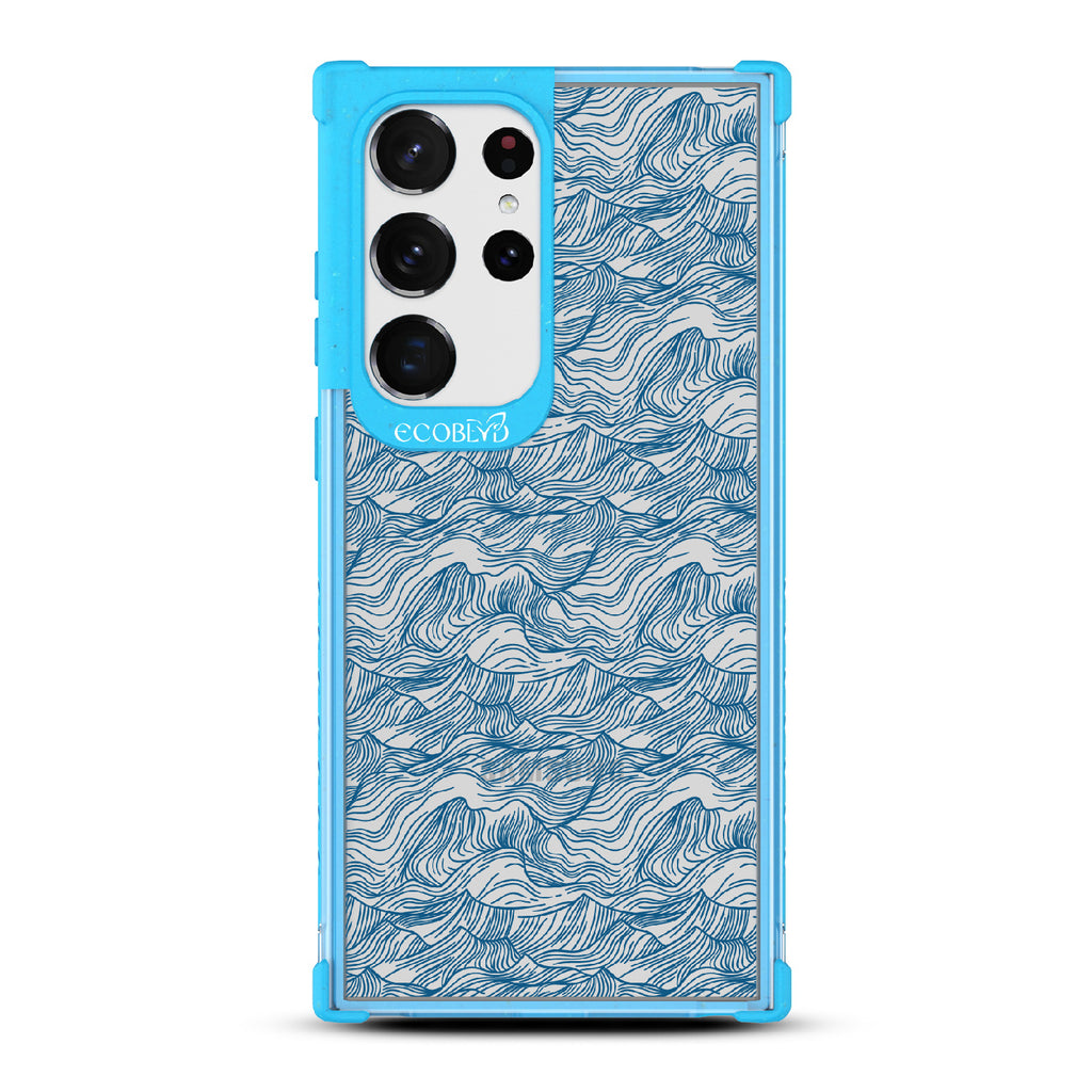 Seas The Day - Blue Eco-Friendly Galaxy S23 Ultra Case With Hand Drawn Waves On A Clear Back