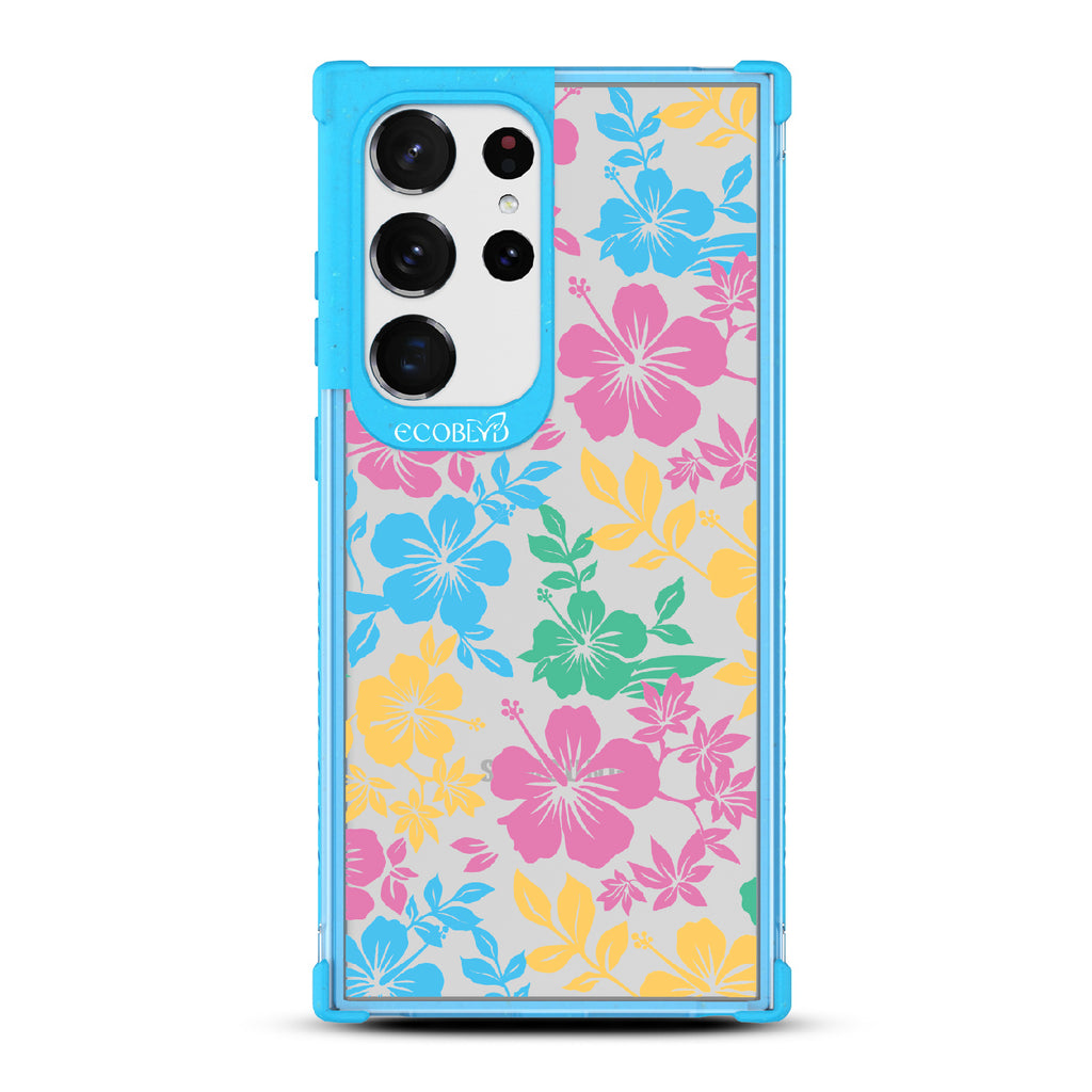 Lei'd Back - Blue Eco-Friendly Galaxy S23 Ultra Case With Colorful Hawaiian Hibiscus Floral Print On A Clear Back