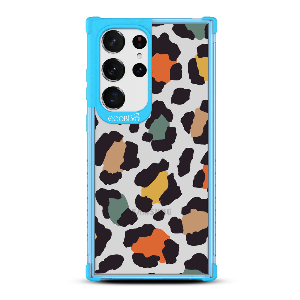Cheetahlicious - Blue Eco-Friendly Galaxy S23 Ultra Case With Multi-Colored Cheetah Print On A Clear Back