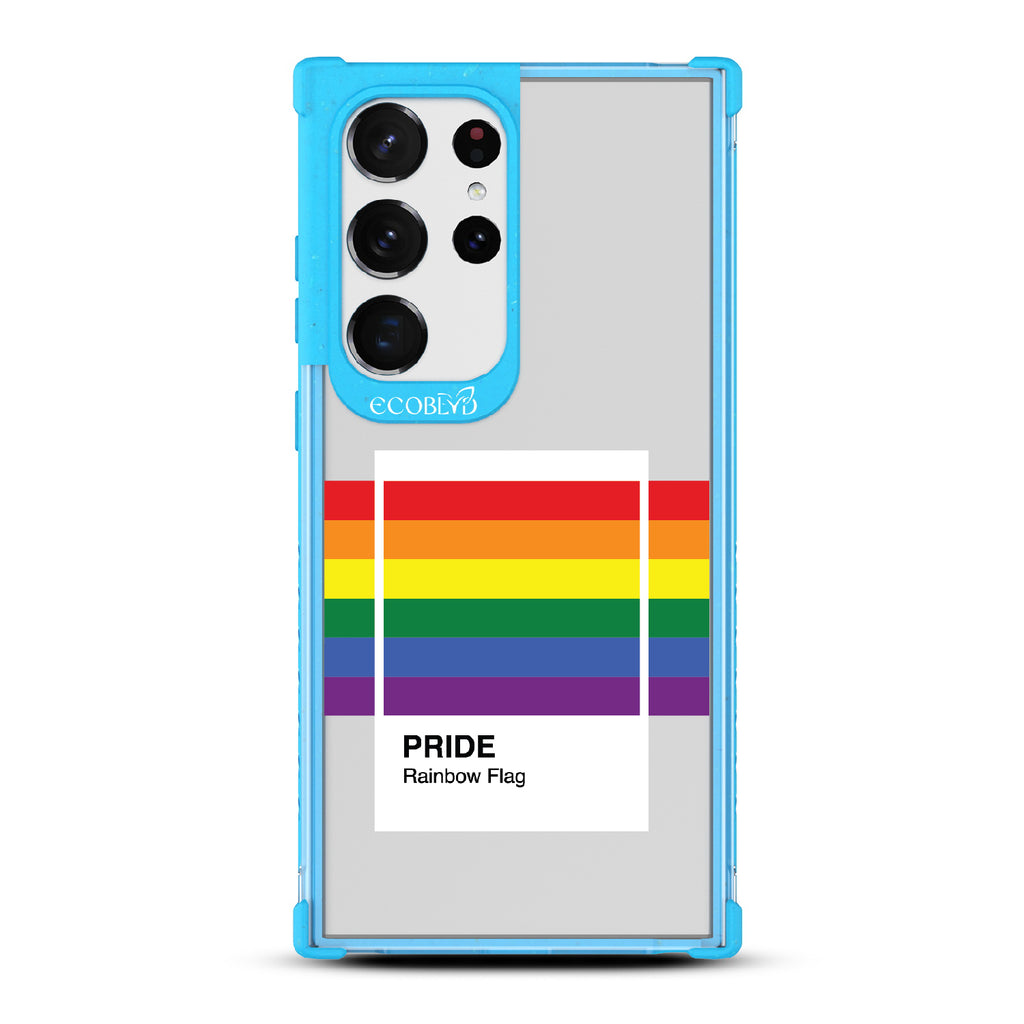 Colors Of Unity - Blue Eco-Friendly Galaxy S23 Ultra Case With Pride Rainbow Flag As Pantone Swatch On A Clear Back
