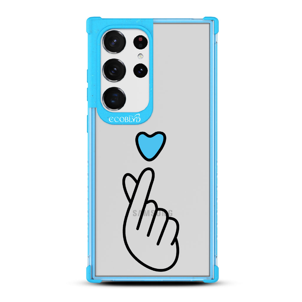 Finger Heart - Blue Eco-Friendly Galaxy S23 Ultra Case With Blue Heart Above Finger Heart Gesture On A Clear Back