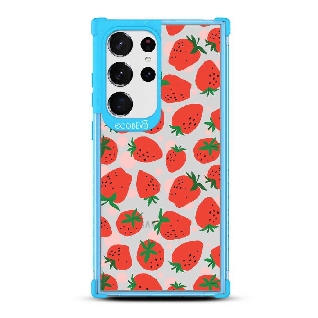 Strawberry Fields - Blue Eco-Friendly Galaxy S23 Ultra Case With Strawberries On A Clear Back