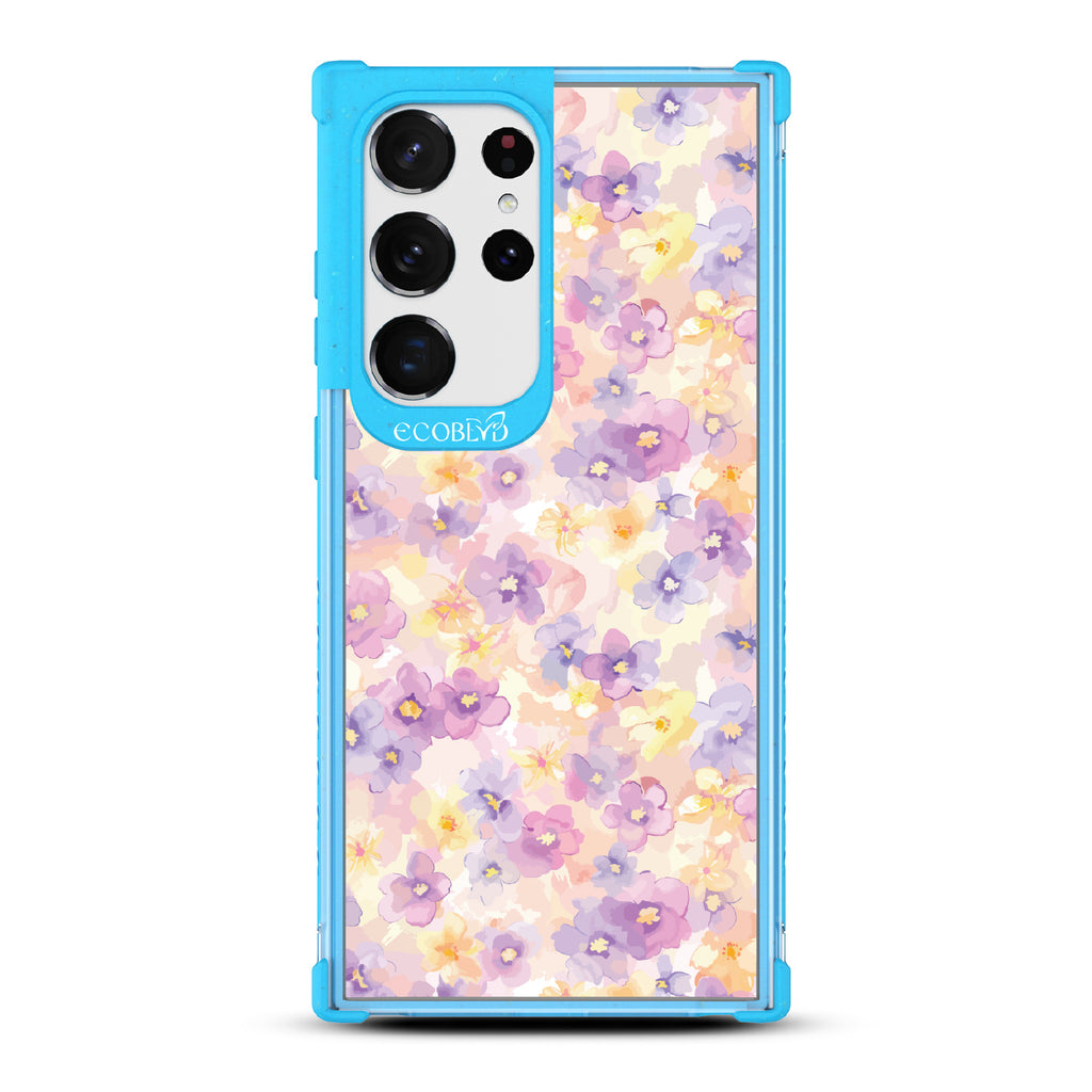 Samsung Galaxy S23 Ultra case, clear eco-friendly phone case with blue ridges, back view, Flowering Thoughts design
