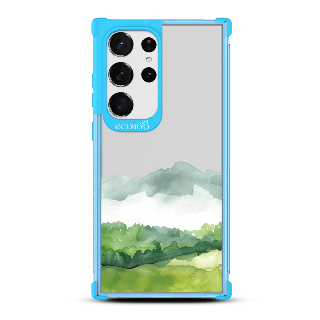 Samsung Galaxy S23 Ultra case, clear eco-friendly phone case with blue ridges, back view, Open Horizon design