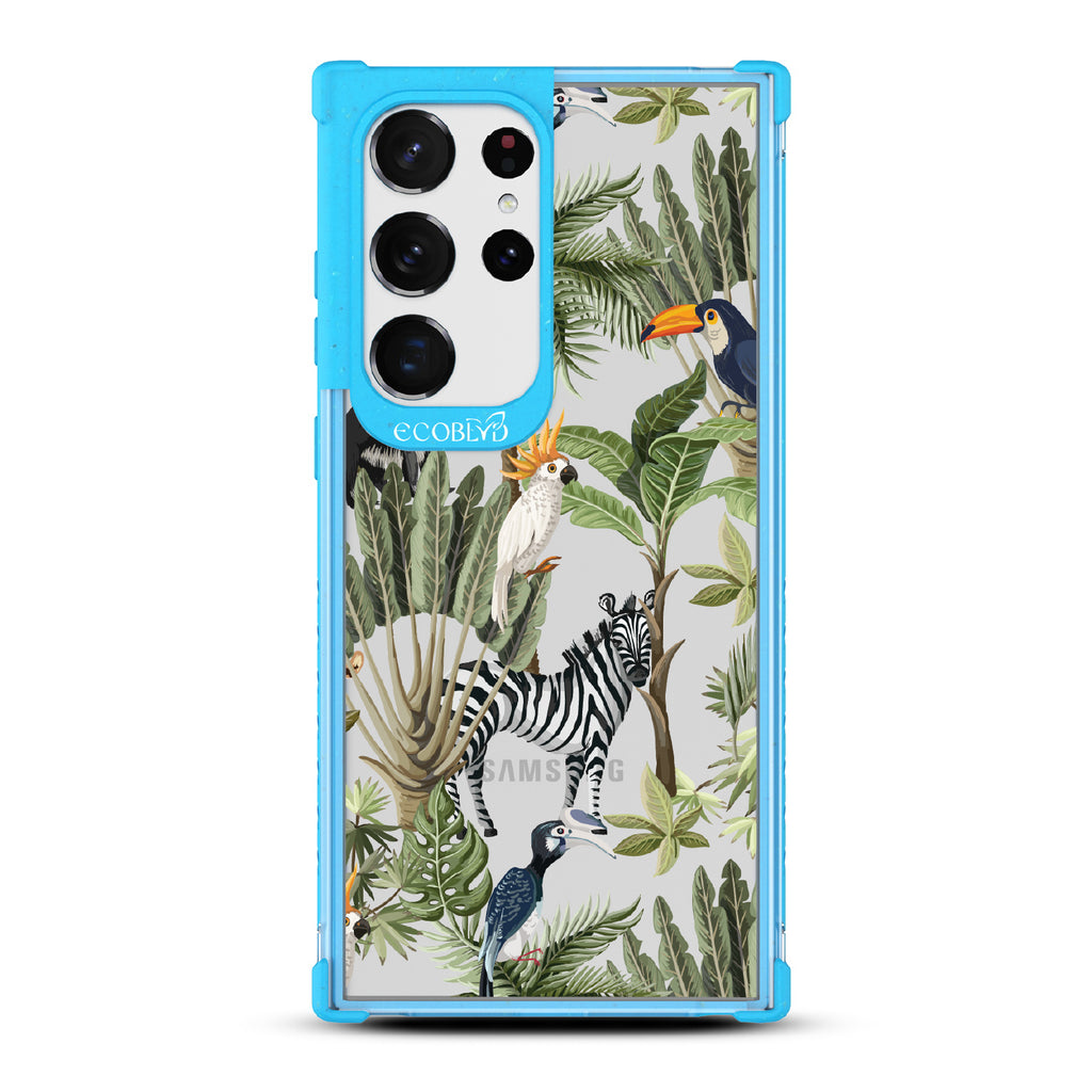 Toucan Play That Game - Blue Eco-Friendly Galaxy S23 Ultra Case With Jungle Fauna, Toucan, Zebra & More On A Clear Back
