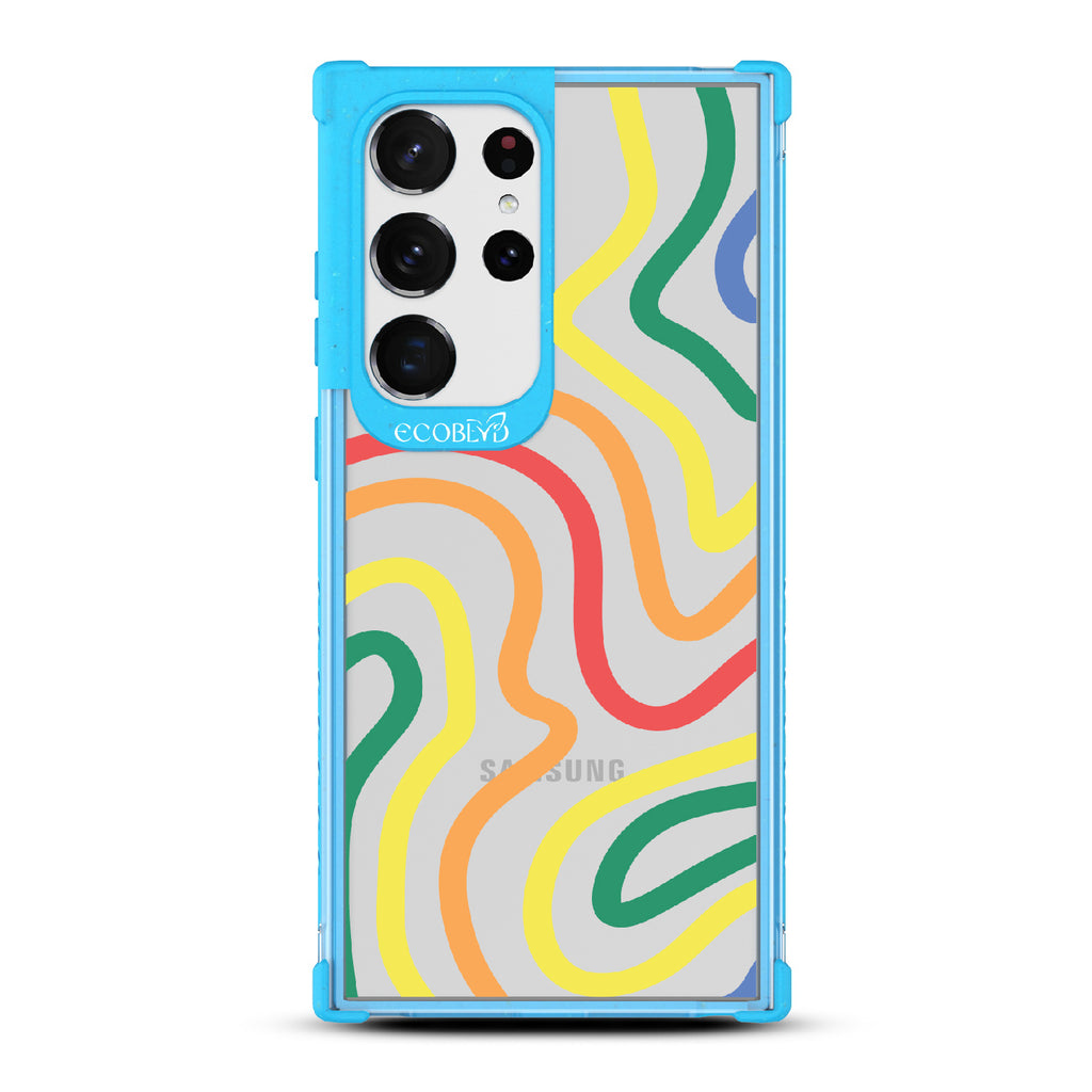 True Colors - Blue Eco-Friendly Galaxy S23 Ultra Case With Abstract Lines In Different Colors Of The Rainbow On A Clear Back