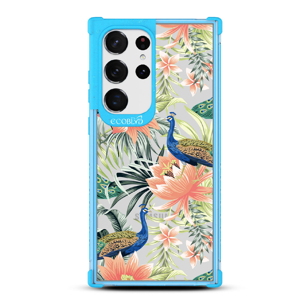 Peacock Palace - Blue Eco-Friendly Galaxy S23 Ultra Case With Peacocks + Colorful Tropical Fauna On A Clear Back