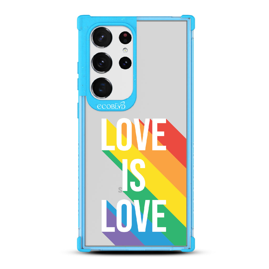 Spectrum Of Love - Blue Eco-Friendly Galaxy S23 Ultra Case With Love Is Love + Rainbow Gradient Shadow On A Clear Back