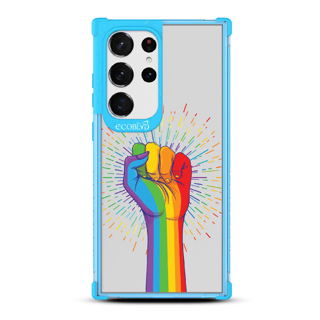 Rise With Pride - Blue Eco-Friendly Galaxy S23 Ultra Case With Raised Fist In Rainbow Colors On A Clear Back