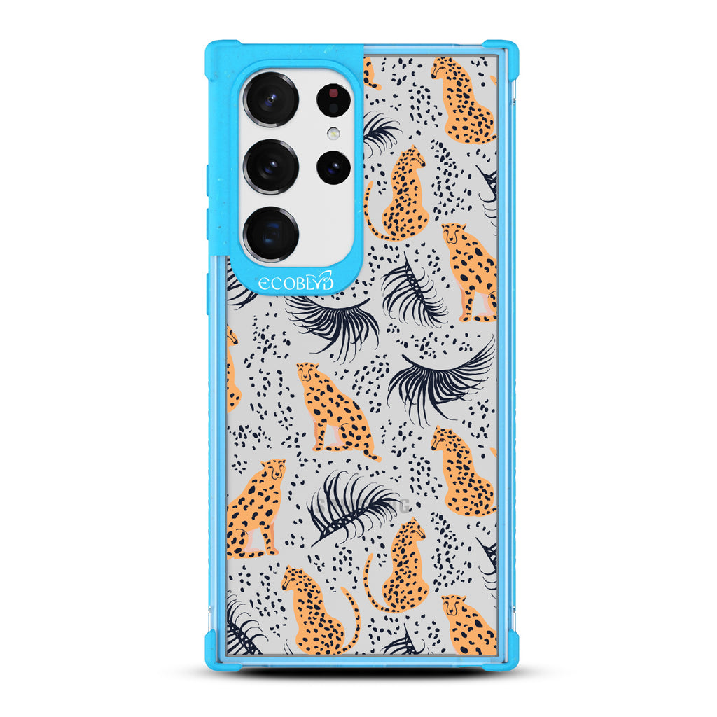 Feline Fierce - Blue Eco-Friendly Galaxy S23 Ultra Case With Minimalist Cheetahs With Spots and Reeds On A Clear Back