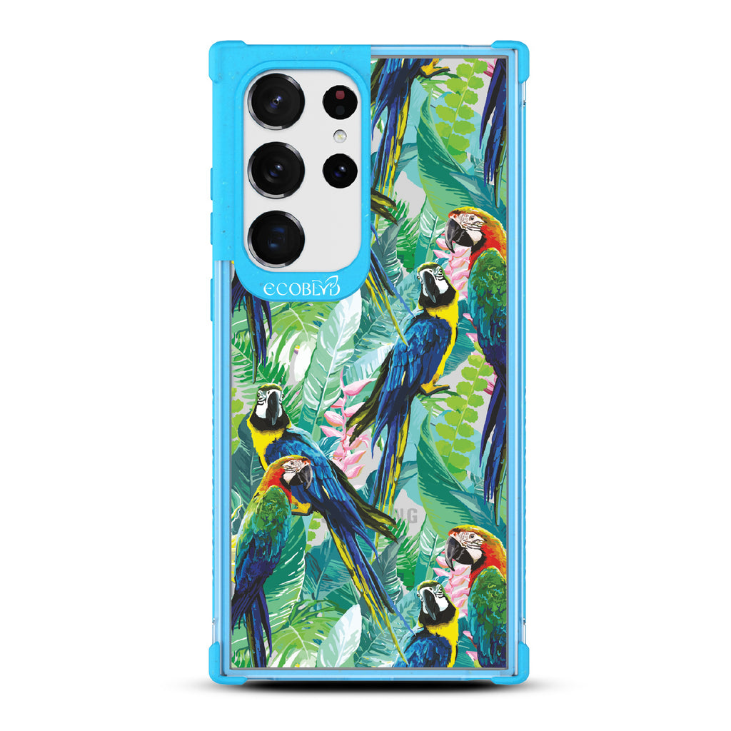 Macaw Medley - Blue Eco-Friendly Galaxy S23 Ultra Case With Macaws & Tropical Leaves On A Clear Back