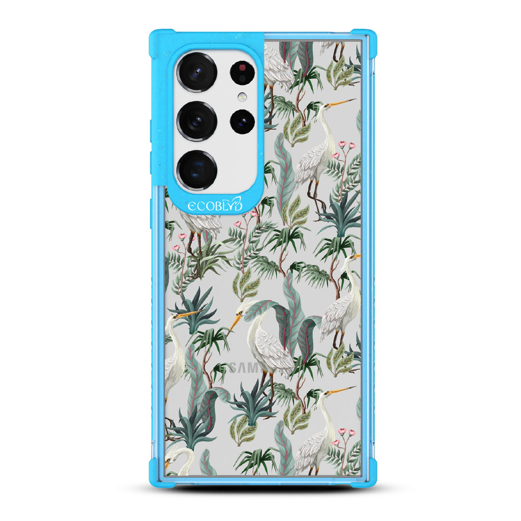 Flock Together - Blue Eco-Friendly Galaxy S23 Ultra Case With Herons & Peonies On A Clear Back