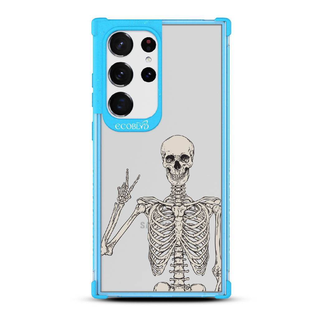 Creepin??????It Real - Blue Eco-Friendly Galaxy S23 Ultra Case With Skeleton Giving A Peace Sign On A Clear Back