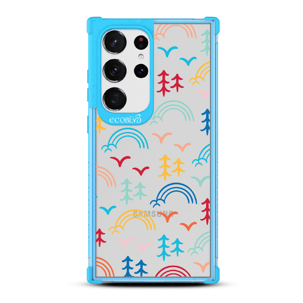 Happy Camper X Brave Trails - Blue Eco-Friendly Galaxy S23 Ultra Case with Minimalist Trees, Birds, Rainbows On A Clear Back