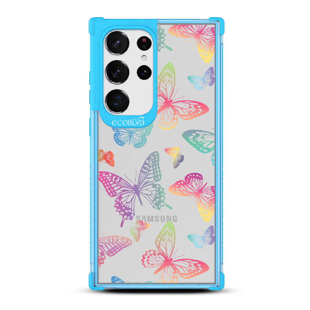 Butterfly Effect - Blue Eco-Friendly Galaxy S23 Ultra Case With Multi-Colored Neon Butterflies On A Clear Back