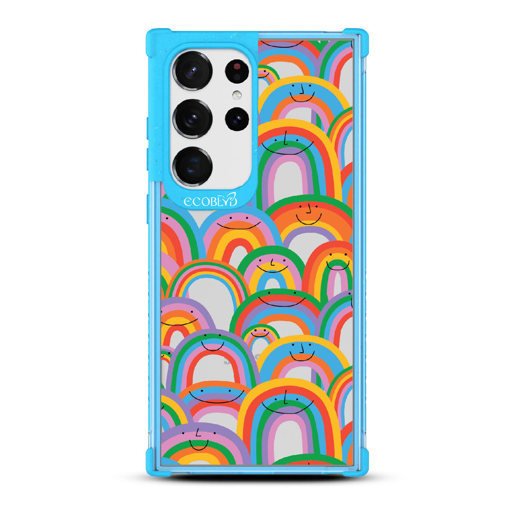Prideful Smiles - Blue Eco-Friendly Galaxy S23 Ultra Case With Rainbows That Have Smiley Faces On A Clear Back