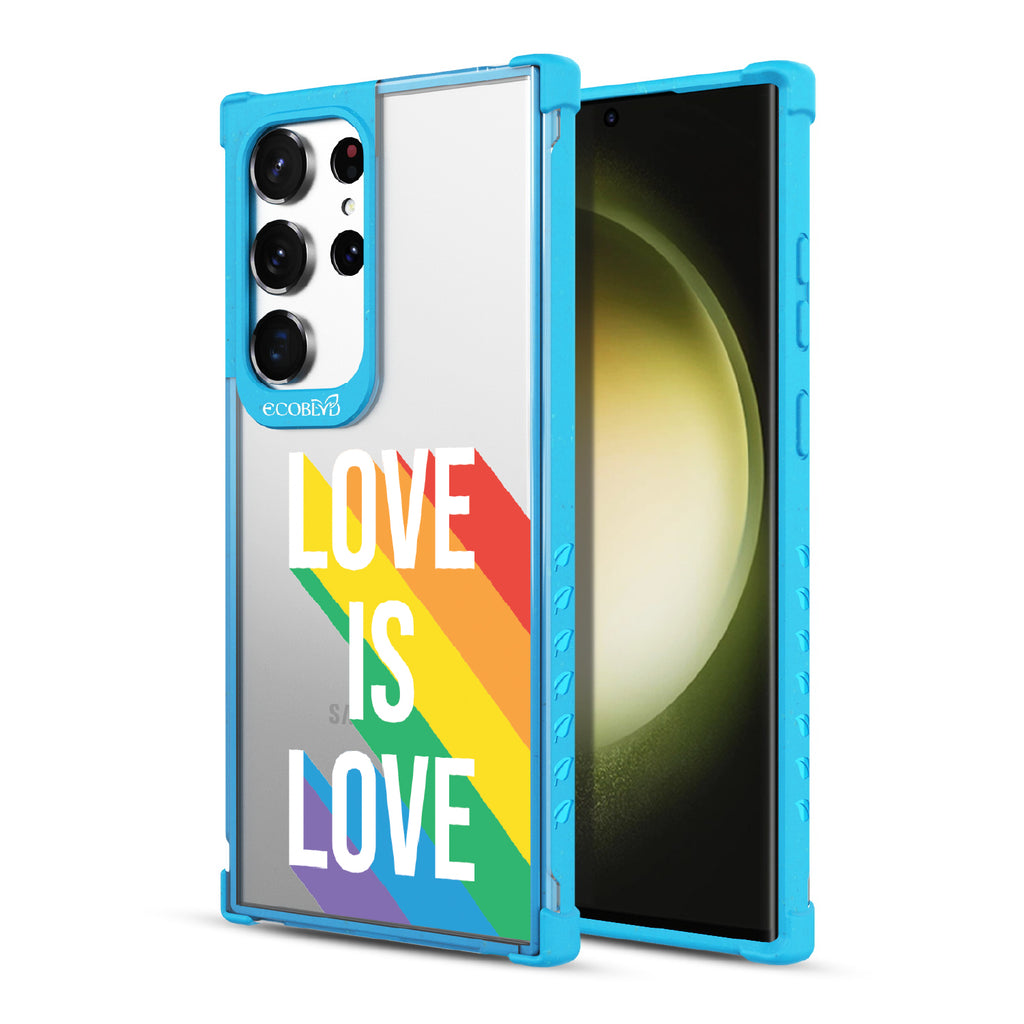 Spectrum Of Love - Back View Of Blue & Clear Eco-Friendly Galaxy S23 Ultra Case & A Front View Of The Screen