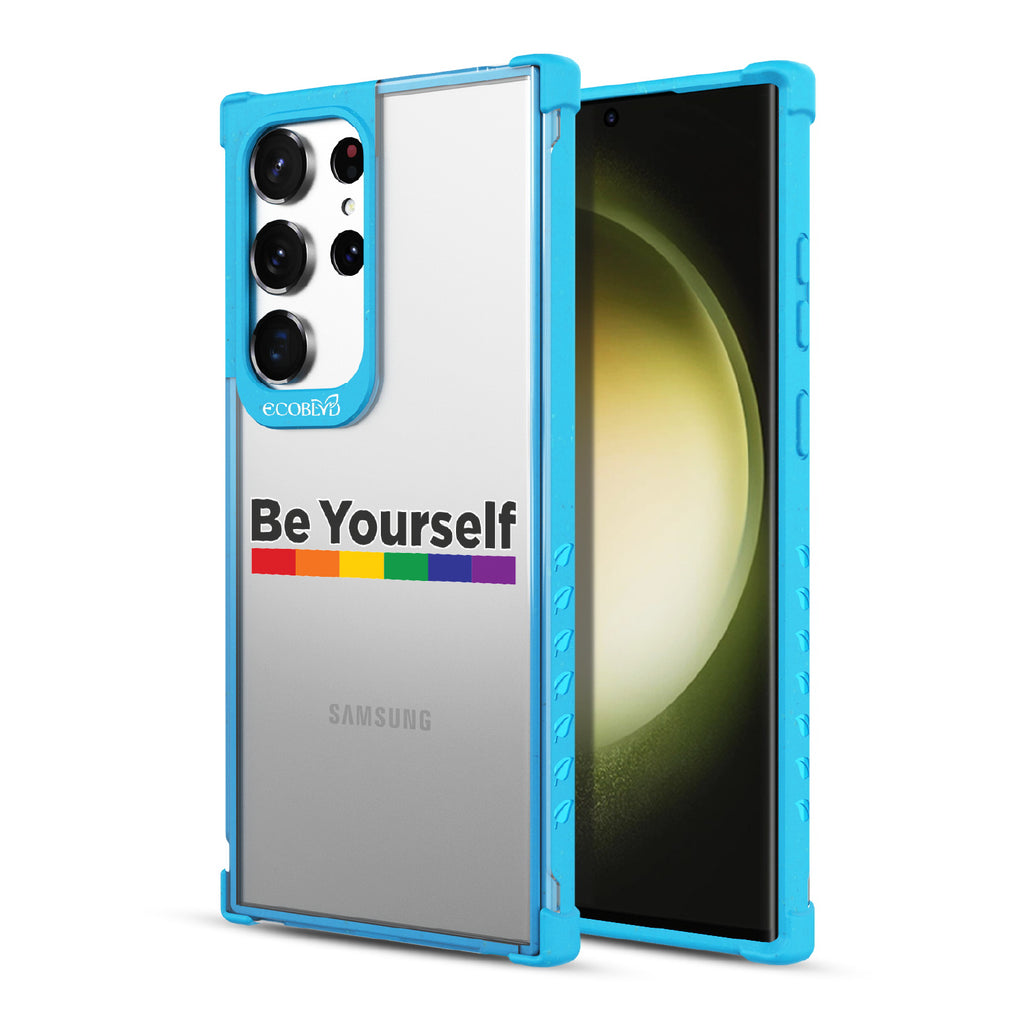 Be Yourself - Back View Of Blue & Clear Eco-Friendly Galaxy S23 Ultra Case & A Front View Of The Screen