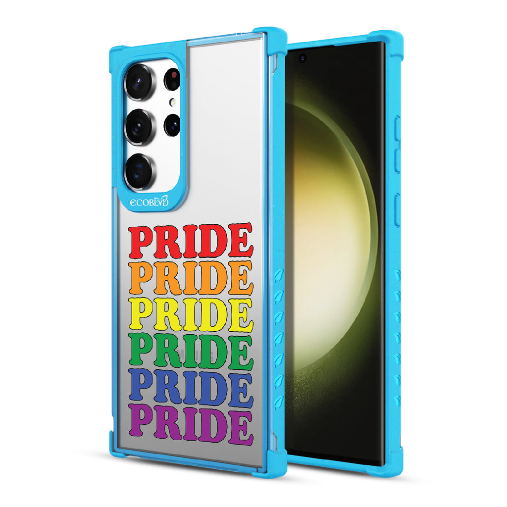 Pride Camp - Back View Of Blue & Clear Eco-Friendly Galaxy S23 Ultra Case & A Front View Of The Screen