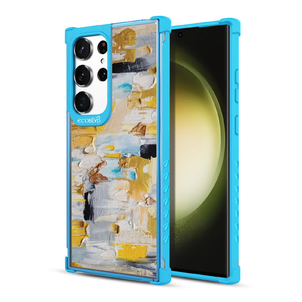 Front and back view of Samsung Galaxy S23 Ultra case, clear compostable phone case with blue ridges, Lighten Up design