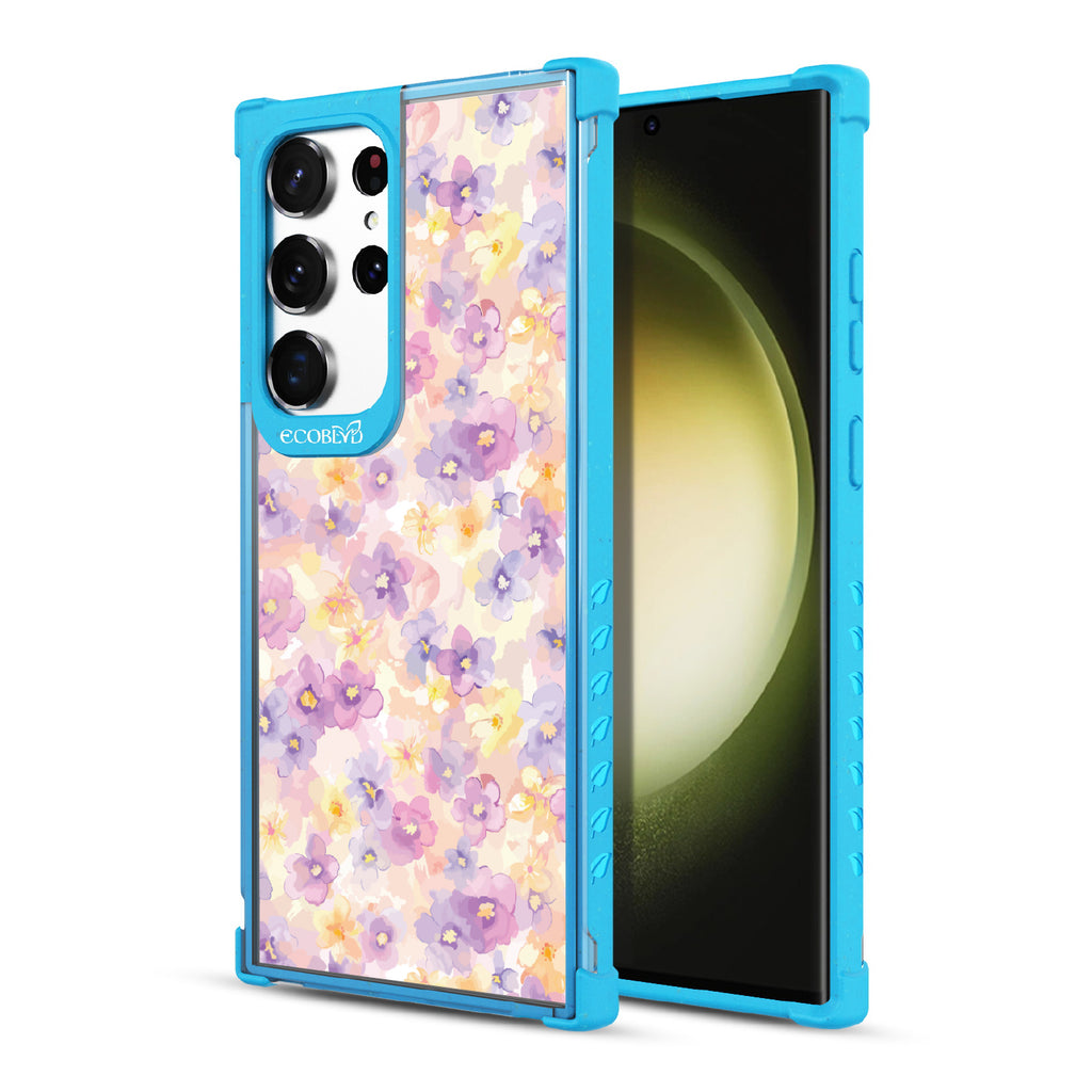 Front and back view of Samsung Galaxy S23 Ultra case, clear compostable phone case with blue ridges, Flowering Thoughts design
