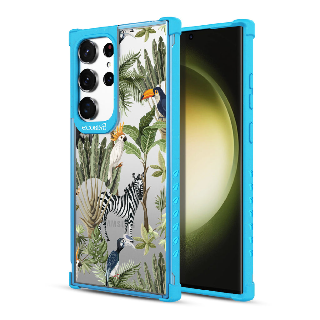 Toucan Play That Game - Back View Of Blue & Clear Eco-Friendly Galaxy S23 Ultra Case & A Front View Of The Screen
