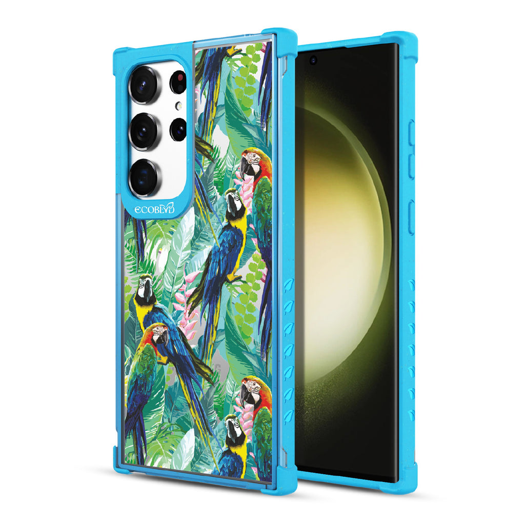 Macaw Medley - Back View Of Blue & Clear Eco-Friendly Galaxy S23 Ultra Case & A Front View Of The Screen