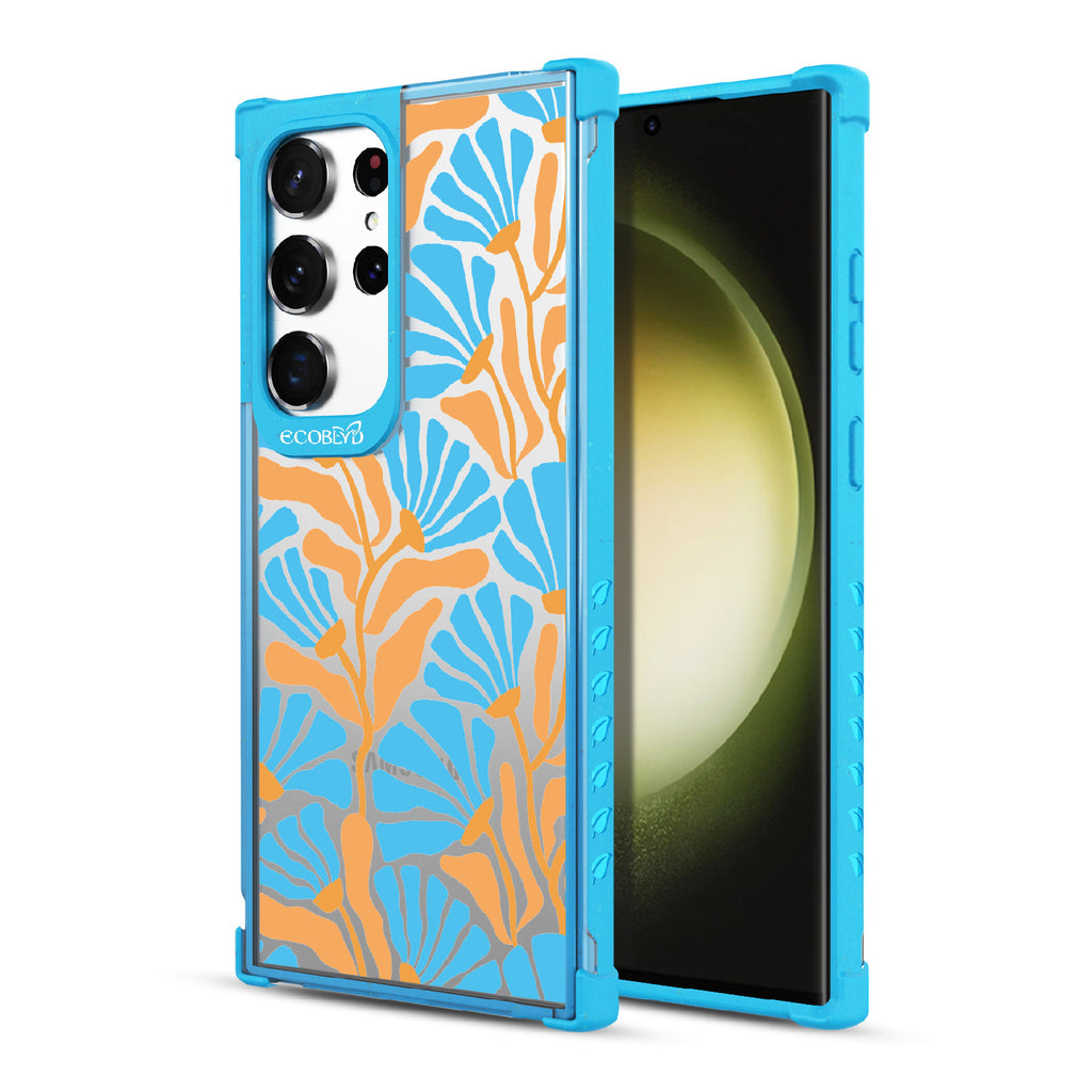 Floral Escape - Back View Of Blue & Clear Eco-Friendly Galaxy S23 Ultra Case & A Front View Of The Screen