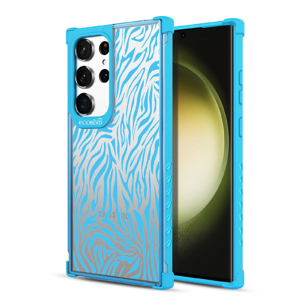 Zebra Print - Back View Of Blue & Clear Eco-Friendly Galaxy S23 Ultra Case & A Front View Of The Screen