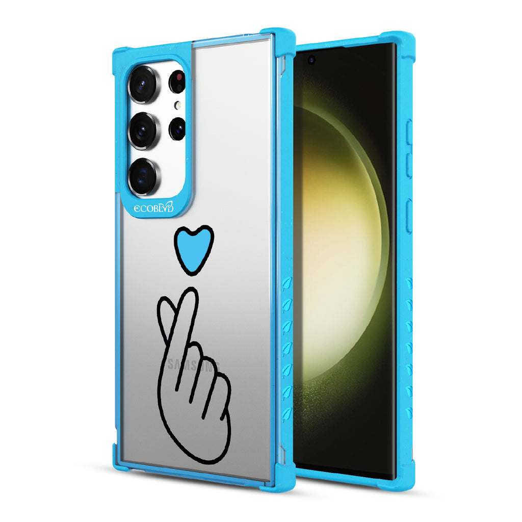 Finger Heart - Back View Of Blue & Clear Eco-Friendly Galaxy S23 Ultra Case & A Front View Of The Screen