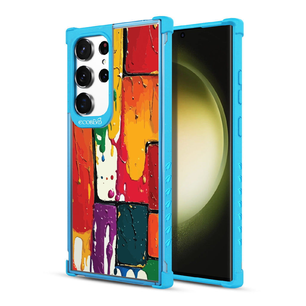 Front and back view of Samsung Galaxy S23 Ultra case, clear compostable phone case with blue ridges, Color Me Mine design